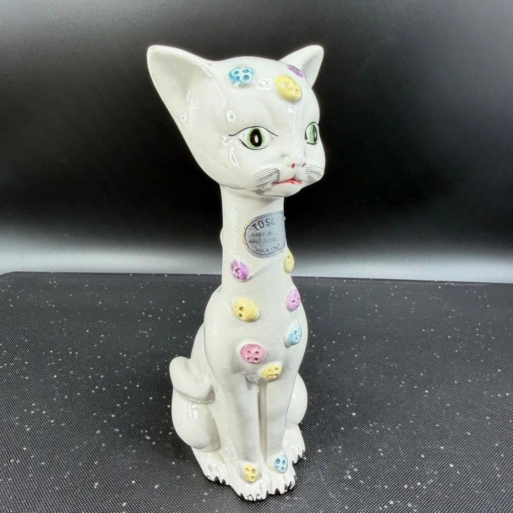 Vintage Tosca Italy Ceramic Cat Figurine MCM Hand Painted White Pastel Buttons